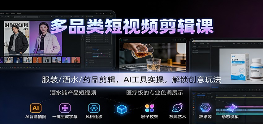 多品类短视频剪辑课:服装/酒水/药品剪辑,AI工具实操,解锁创意玩法-赚百科