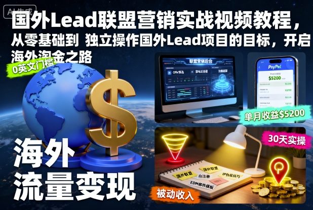 国外Lead联盟营销实战视频教程，从零基础到独立操作国外Lead项目的目标，开启海外淘金之路-赚百科