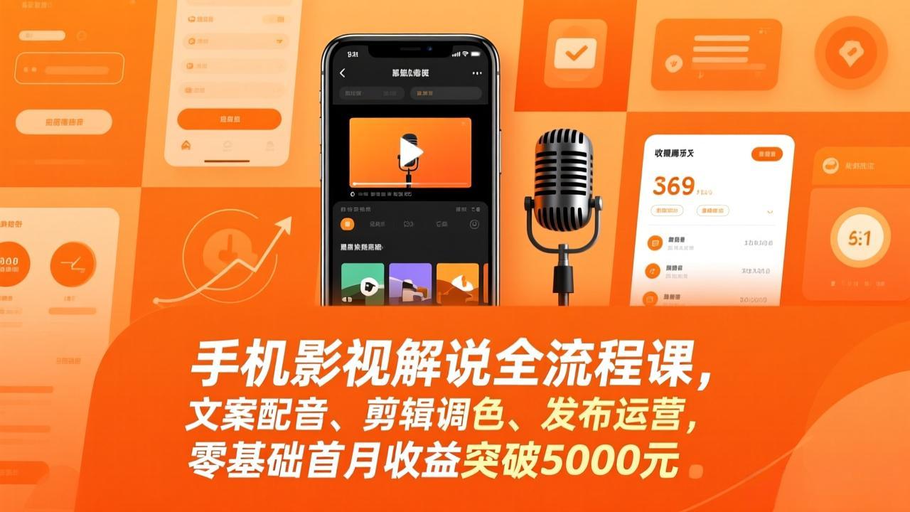 手机影视解说全流程课，文案配音、剪辑调色、发布运营，零基础首月收益突破5000元-赚百科