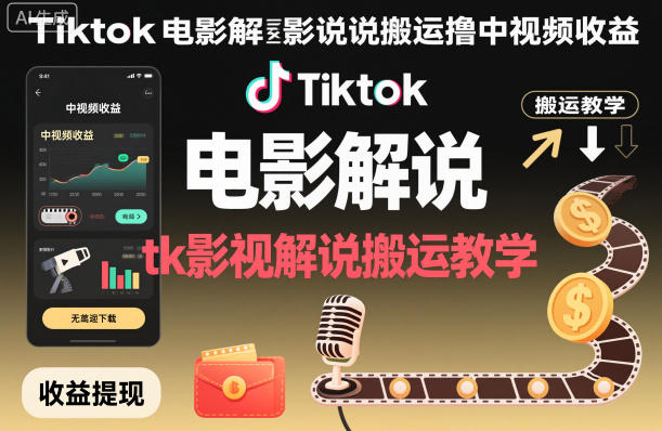 Tiktok电影解说搬运撸中视频收益,tk影视解说搬运教学-赚百科